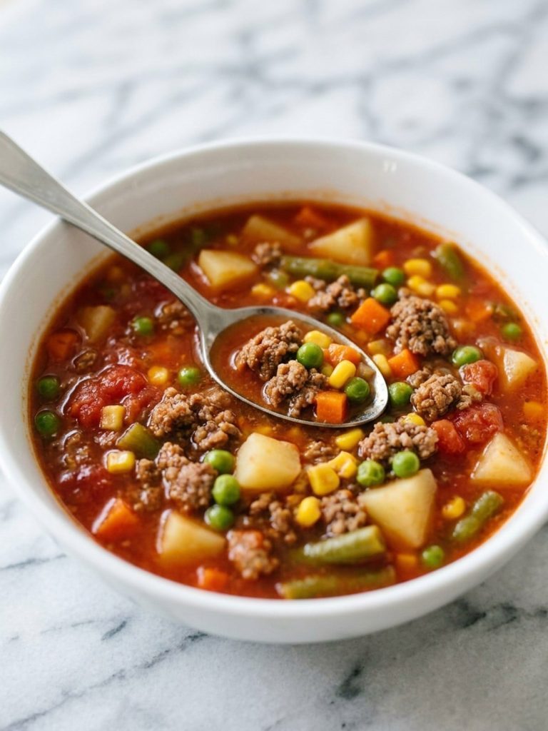 Close view of a white bowl of ground beef soup with potatoes, peas, corn, carrots and green beans