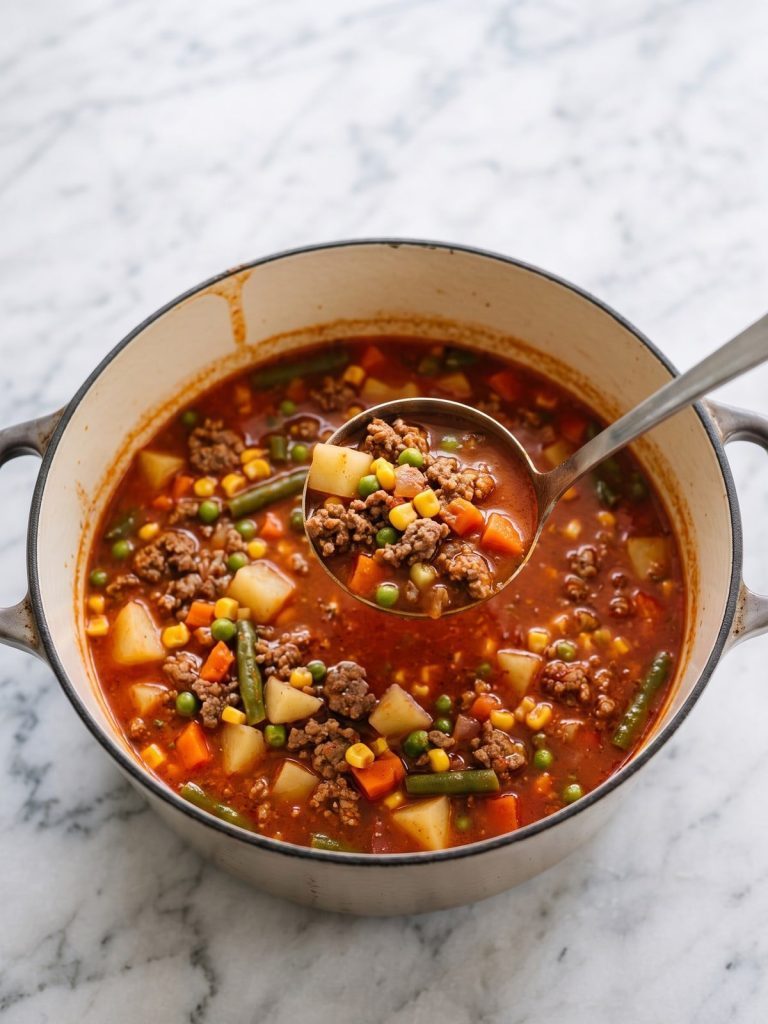 Pot of ground beef soup with potatoes and mixed vegetables, with a ladle lifting a scoop