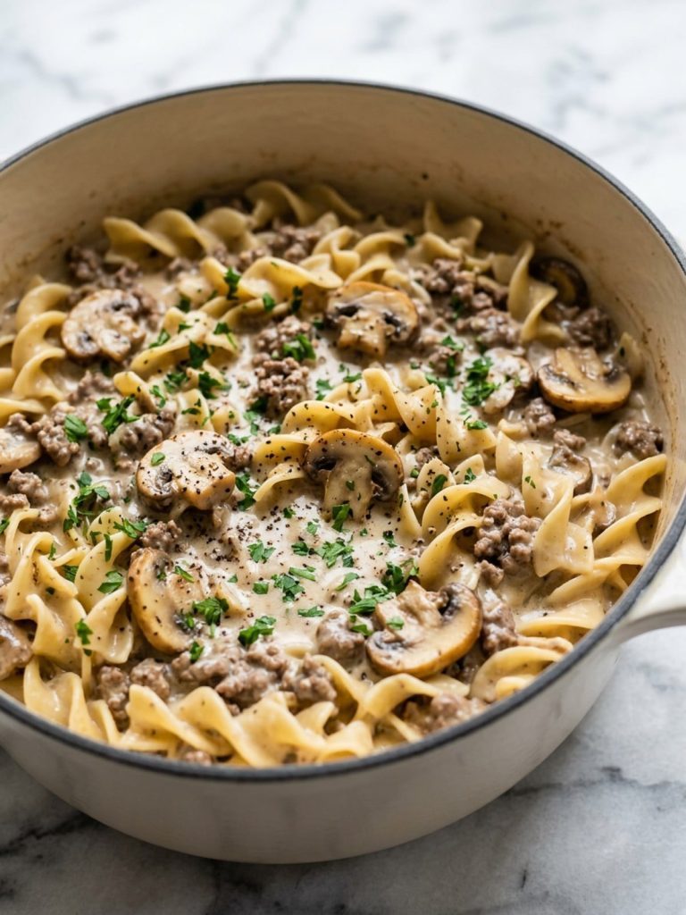 Close view of egg noodles, browned ground beef and mushrooms coated in creamy stroganoff sauce