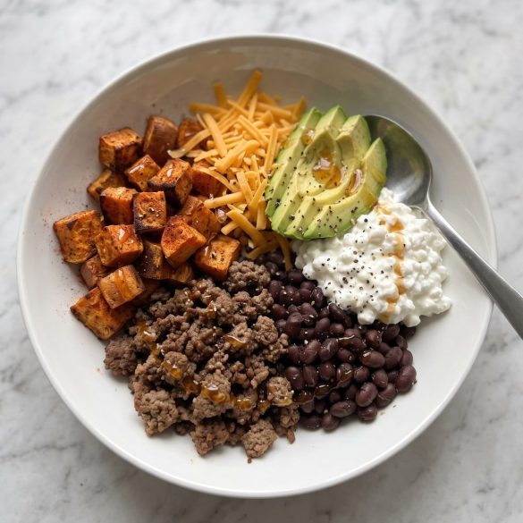 Bowl of roasted sweet potatoes, ground beef, black beans, cottage cheese, avocado and cheddar drizzled with hot honey