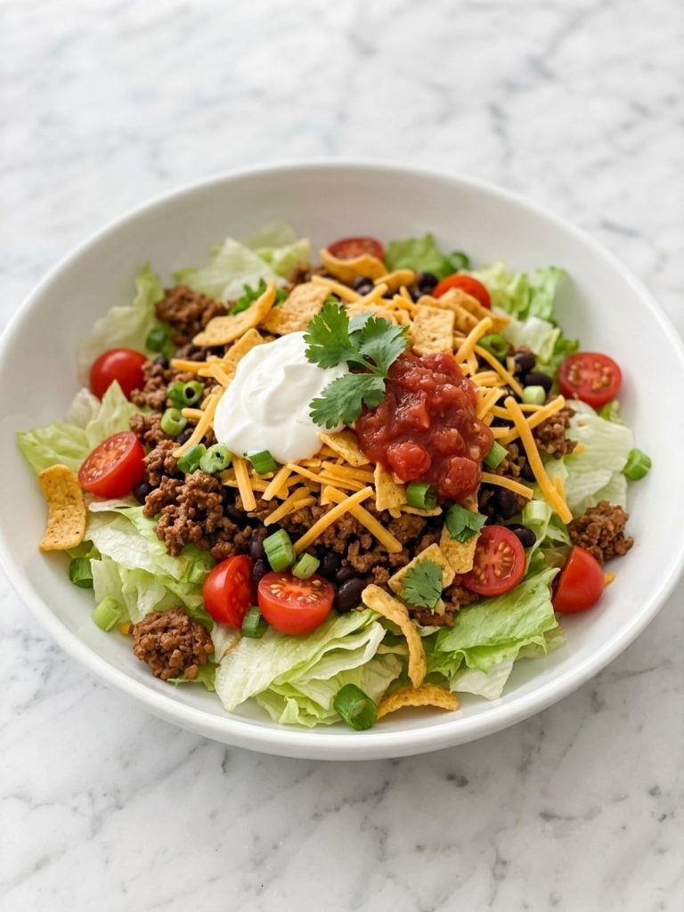 A serving of taco salad with seasoned ground beef, cheddar, sour cream and salsa