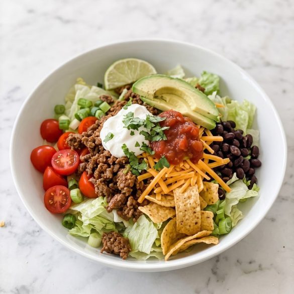 A large bowl of ground beef taco salad with lettuce, tomatoes, black beans, cheddar and corn chips