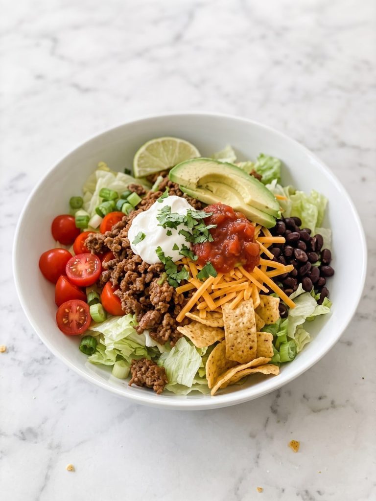 A large bowl of ground beef taco salad with lettuce, tomatoes, black beans, cheddar and corn chips