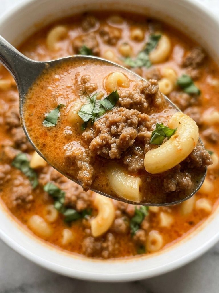 Close view of a spoonful of creamy tomato soup with browned ground beef and macaroni