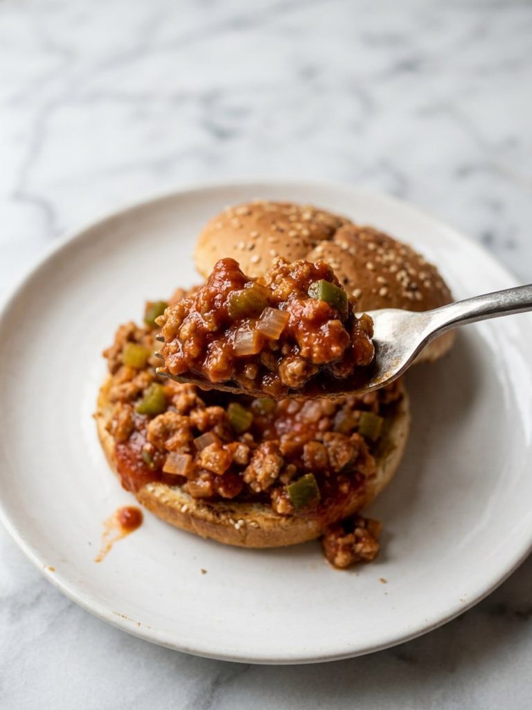 Forkful of ground turkey sloppy joe filling lifted above a sandwich