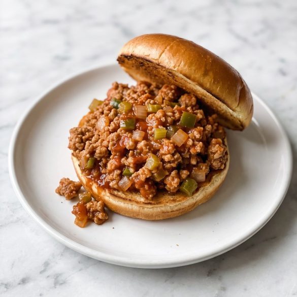 Ground turkey sloppy joe on a bun with the saucy filling visible