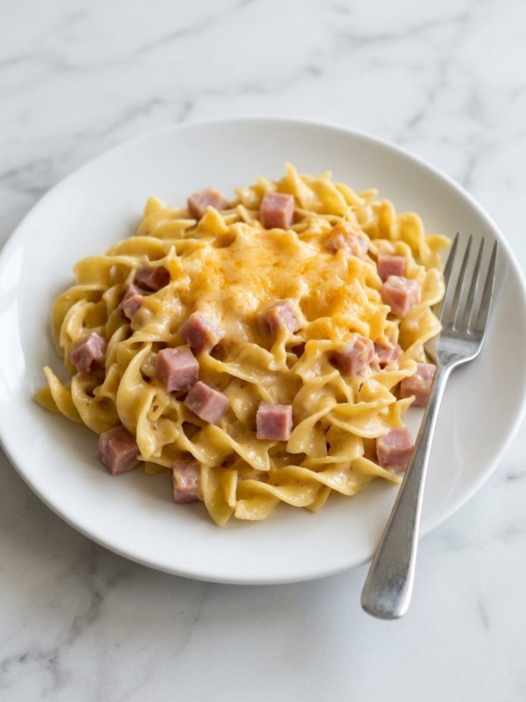 A white plate filled with a serving of ham and noodle casserole, showing wide egg noodles, cubes of ham and a creamy cheddar sauce