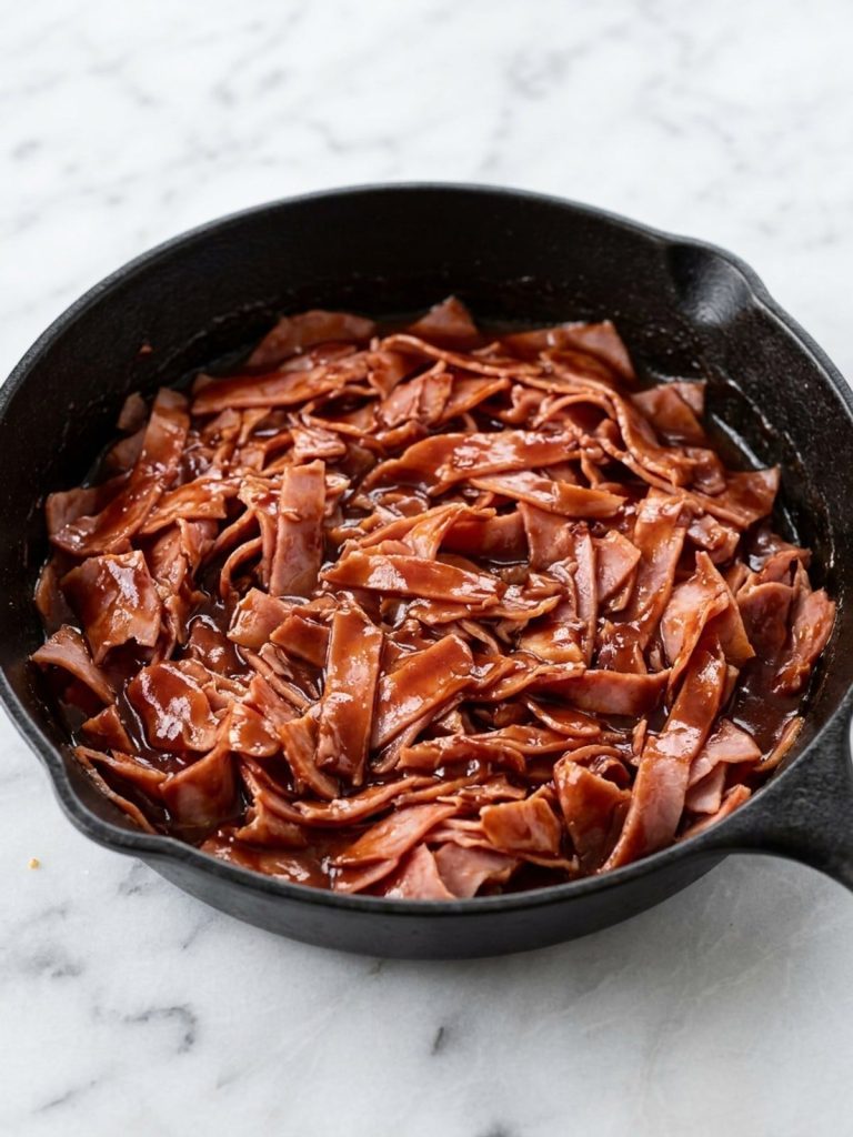 Chipped ham in a glossy barbecue sauce in a skillet