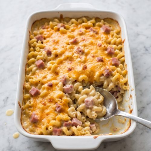 Ham mac and cheese casserole in a white baking dish with melted cheese on top and one serving scooped out