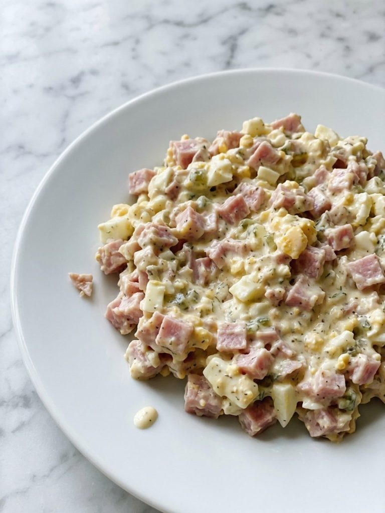 Close side view of a served spoonful of creamy ham salad showing distinct ham and egg pieces