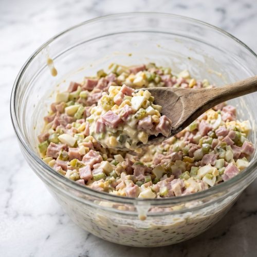 Creamy chopped ham salad with visible egg and relish, scooped from a glass bowl