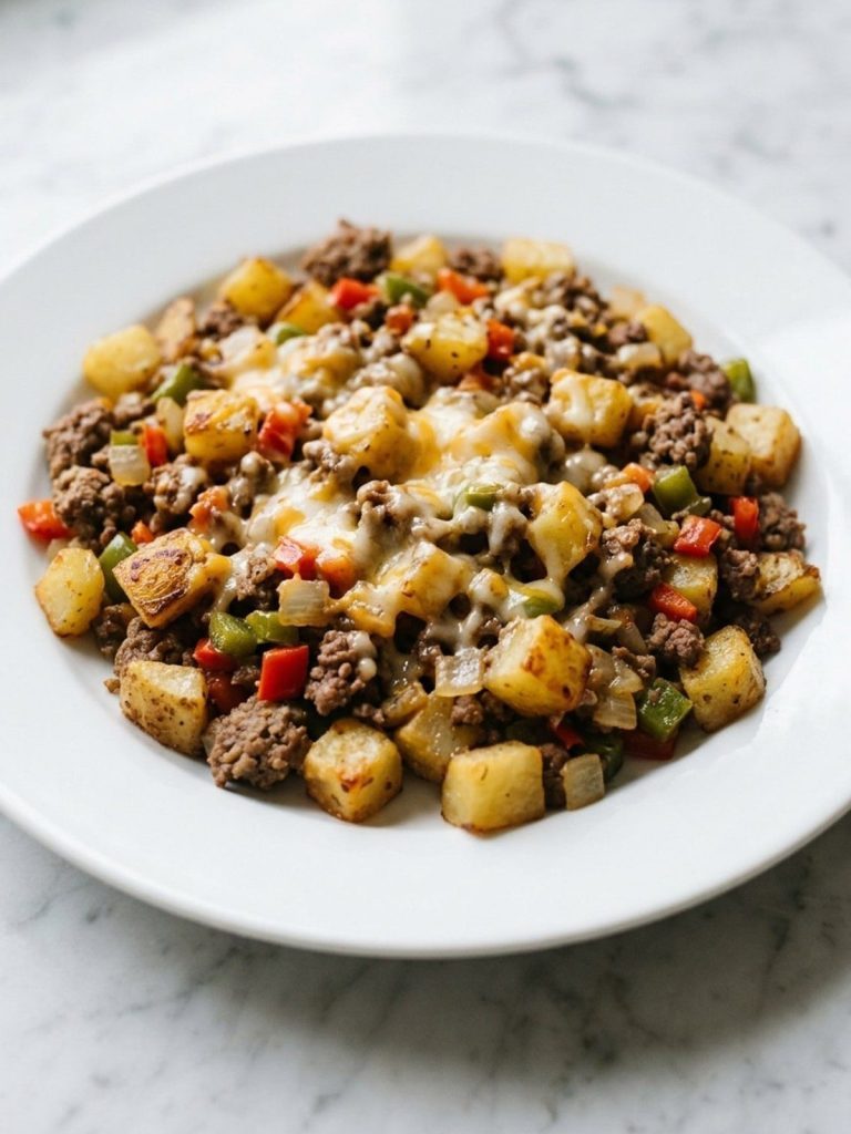 A plate of cheesy hamburger hash with diced potatoes, ground beef and bell peppers