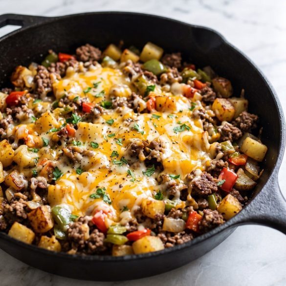 Hamburger hash with ground beef, potatoes and peppers under melted Colby Jack in a skillet