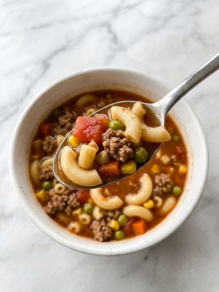 Close view of a spoonful of hamburger macaroni soup with beef, macaroni and vegetables