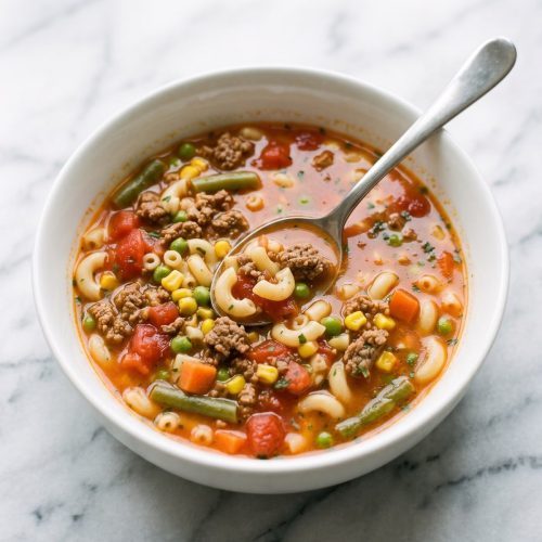 A bowl of hamburger macaroni soup with ground beef, elbow macaroni, tomatoes and mixed vegetables
