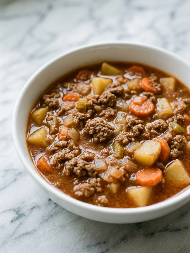 Close side view of thick hamburger stew coating beef, potatoes, and carrots in a white bowl