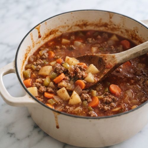 Hamburger stew in a Dutch oven with a serving scooped out to show beef, potatoes, and carrots