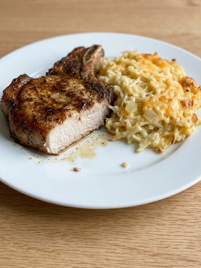 A plate with a juicy pork chop and a scoop of creamy cheesy hash brown casserole
