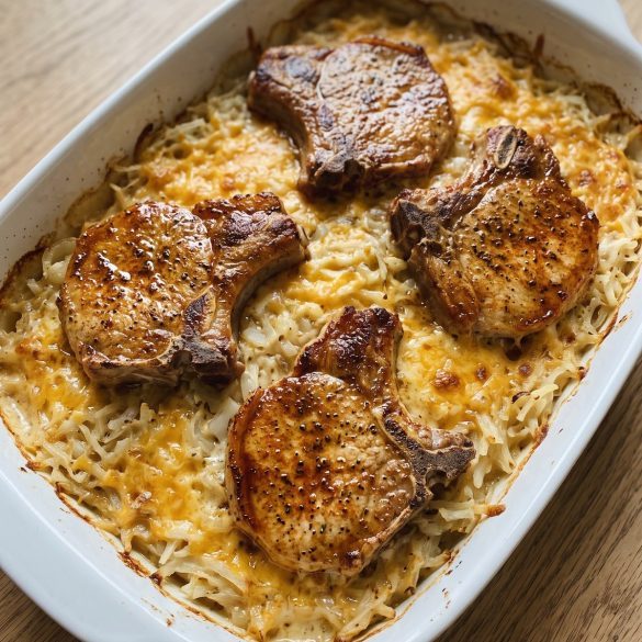 Four browned bone-in pork chops on a creamy, cheesy hash brown casserole in a baking dish