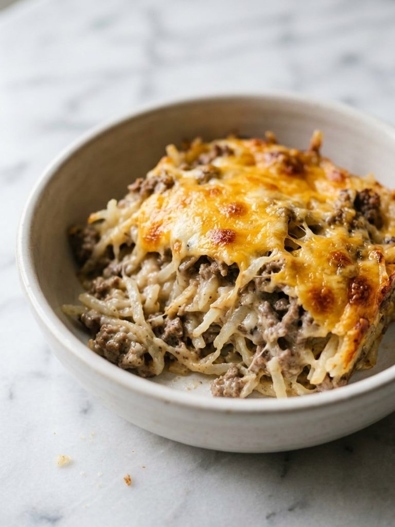 Close view of creamy hash browns and ground beef beneath a bubbly cheddar topping.