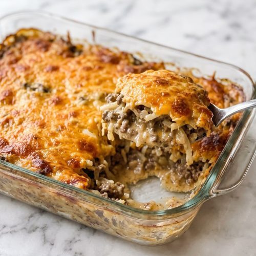 Scoop of hashbrown hamburger casserole showing beef and potatoes beneath melted cheddar.