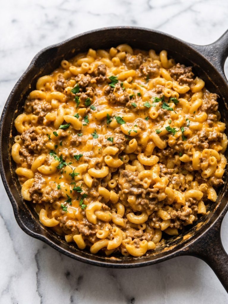 A skillet of creamy cheeseburger macaroni with ground beef and melted cheddar