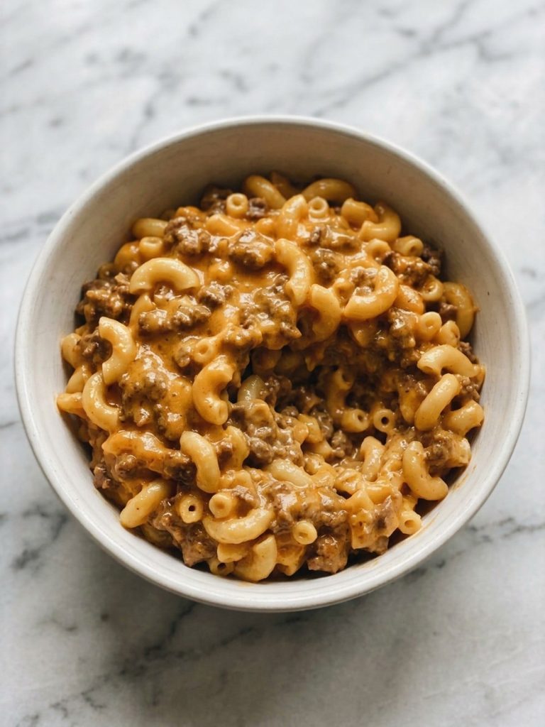 A bowl of creamy cheeseburger macaroni with ground beef and cheddar sauce