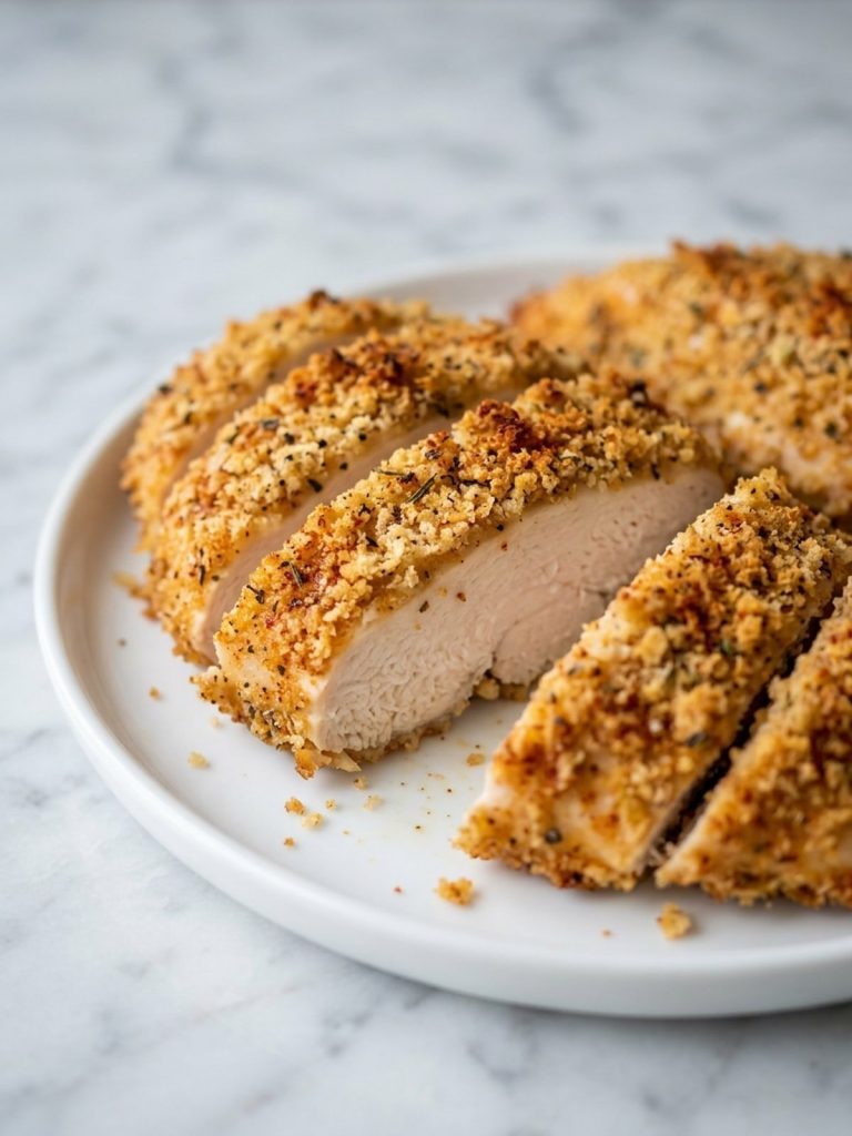 Close view of a sliced shake and bake chicken breast showing the crisp crumb coating and white meat