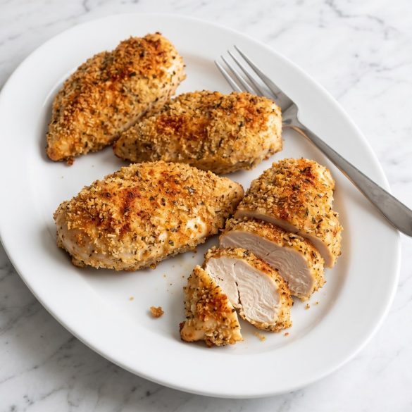 Golden crumb-coated baked chicken breasts on a white platter, one sliced to show the juicy inside