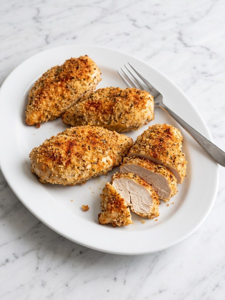 Golden crumb-coated baked chicken breasts on a white platter, one sliced to show the juicy inside