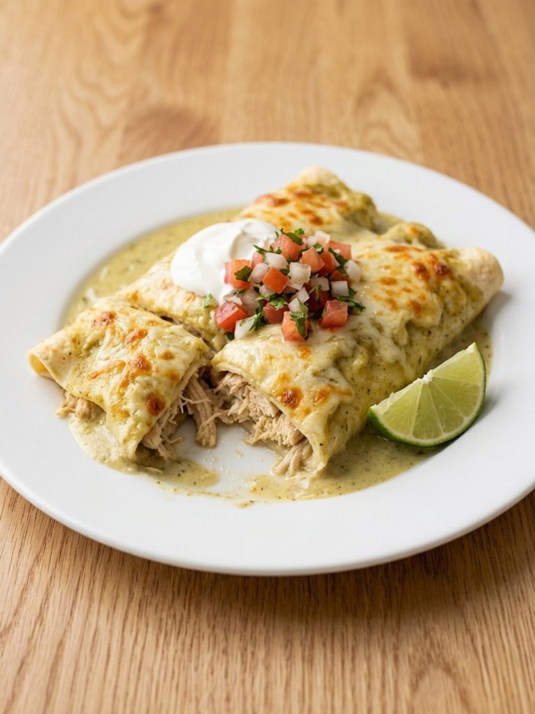 Two honey lime chicken enchiladas with creamy green sauce, sour cream and pico de gallo