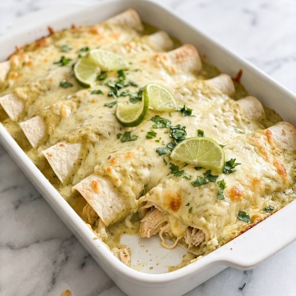 A 9x13 pan of honey lime chicken enchiladas under creamy green sauce and golden melted cheese