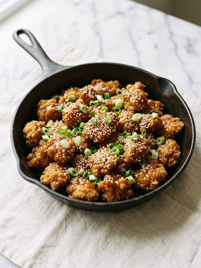 Crispy chicken pieces tossed in honey sesame sauce in a large pan