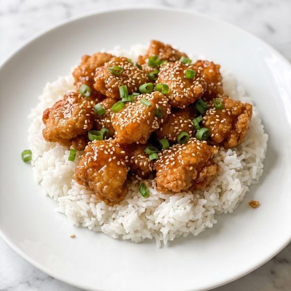 A plate of crispy honey sesame chicken over white rice with sesame seeds and green onions
