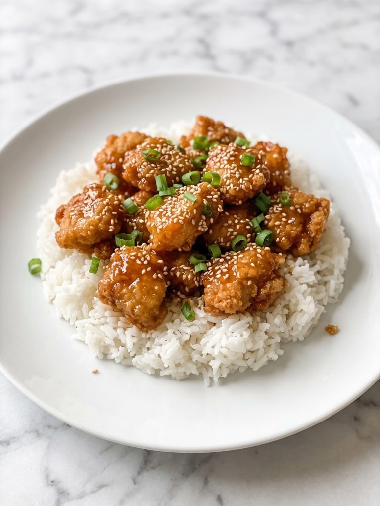A plate of crispy honey sesame chicken over white rice with sesame seeds and green onions