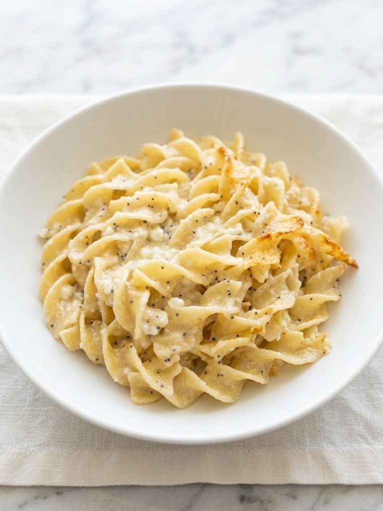Close-up of a serving of creamy egg noodles with poppy seeds and parmesan