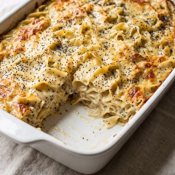 A creamy egg noodle bake with poppy seeds and a golden parmesan top in a baking dish