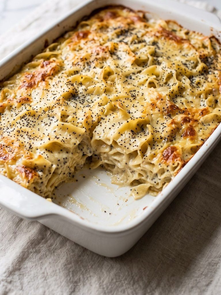 A creamy egg noodle bake with poppy seeds and a golden parmesan top in a baking dish