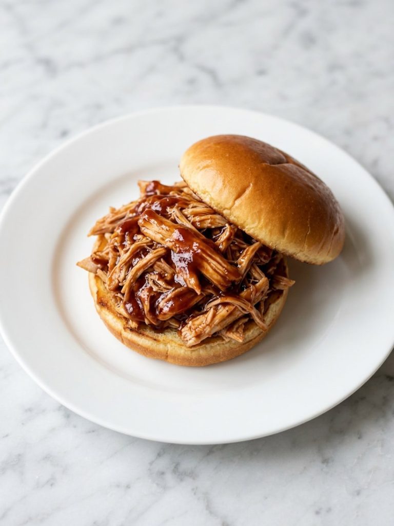 A white plate with a soft bun piled high with shredded barbecue chicken