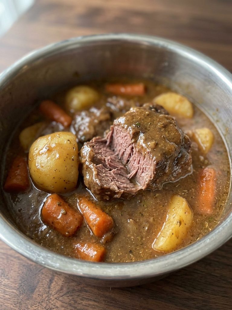 Close view of tender beef broken open beside potatoes and carrots, all coated in thick beef stew gravy.