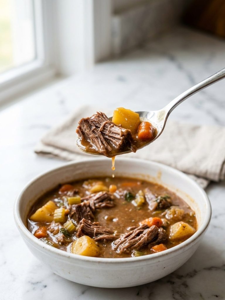 Close side view of a spoon lifting tender beef, potato and carrot in thick gravy from a bowl of Instant Pot beef stew