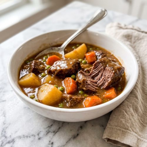 Bowl of Instant Pot beef stew with tender chunks of beef, potatoes and carrots in thick brown gravy, one piece of beef cut open