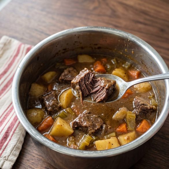 Beef stew with tender beef, Yukon Gold potatoes, carrots and celery in thick gravy, with a piece of beef broken open.