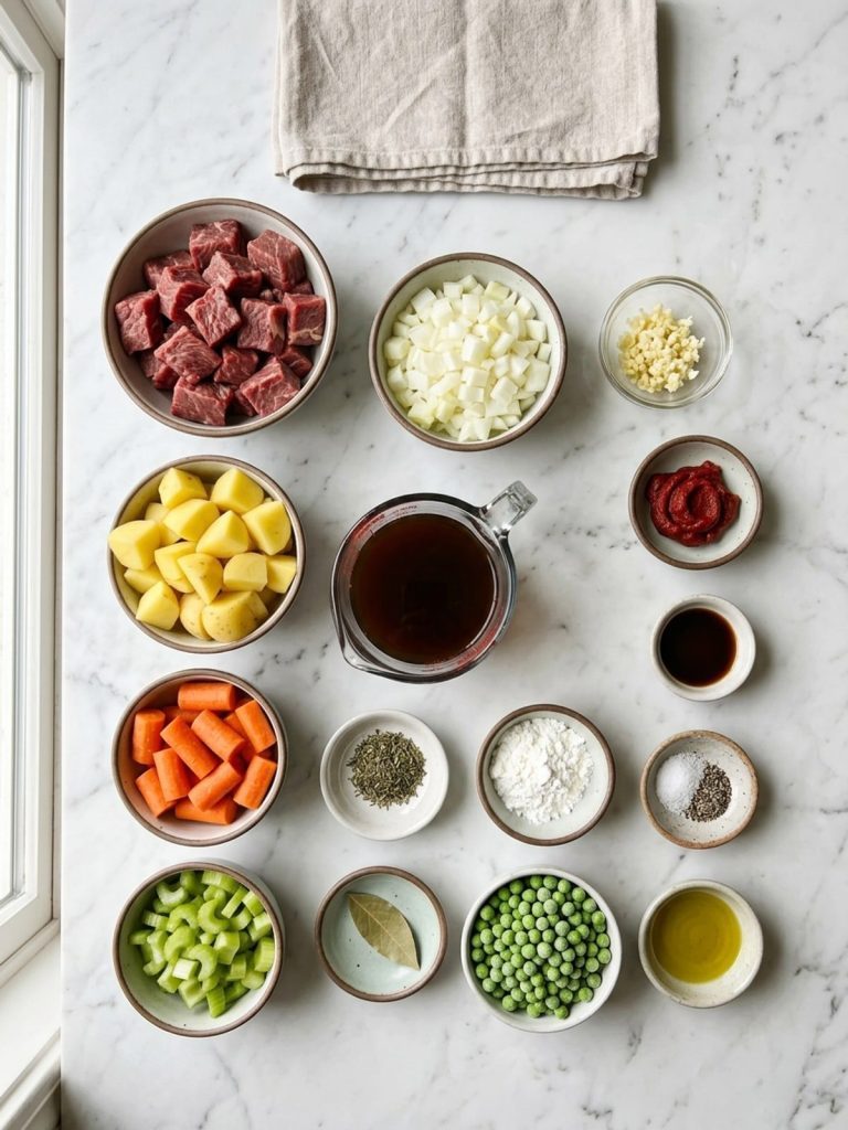 Overhead flat lay of beef stew ingredients in small bowls: stew meat, potatoes, carrots, celery, onion, garlic, beef broth, tomato paste, Worcestershire, thyme, bay leaf, cornstarch and peas