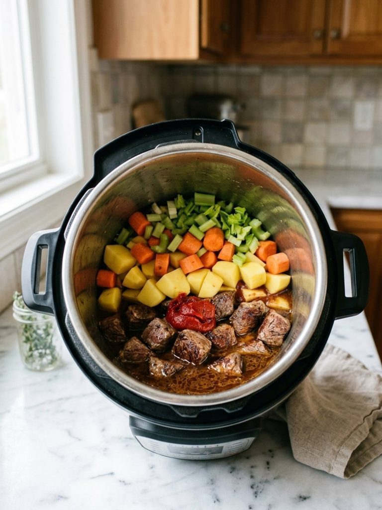 Stainless steel Instant Pot inner pot, lid off, with seared beef in broth topped with tomato paste, potato chunks, carrots and celery before pressure cooking
