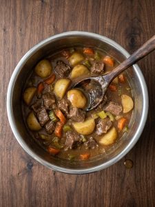 Step 8: cooked beef, potatoes, carrots and celery in gravy thick enough to coat a spoon.