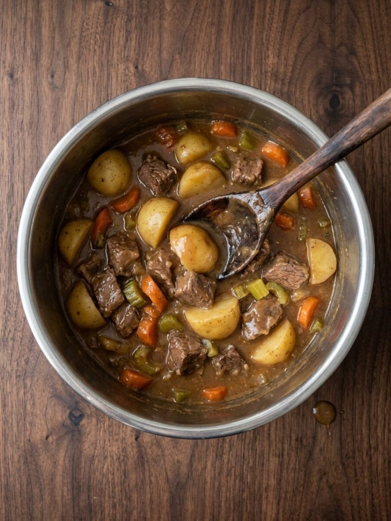 Step 8: cooked beef, potatoes, carrots and celery in gravy thick enough to coat a spoon.