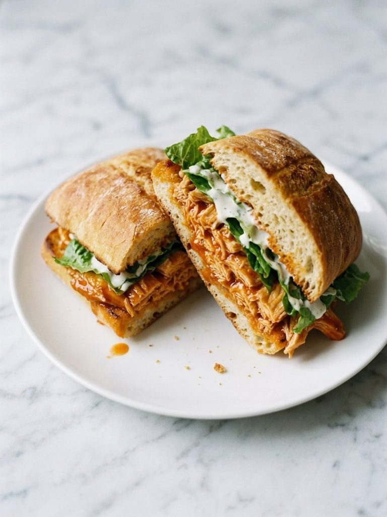 A ciabatta sandwich filled with shredded buffalo chicken, lettuce and ranch