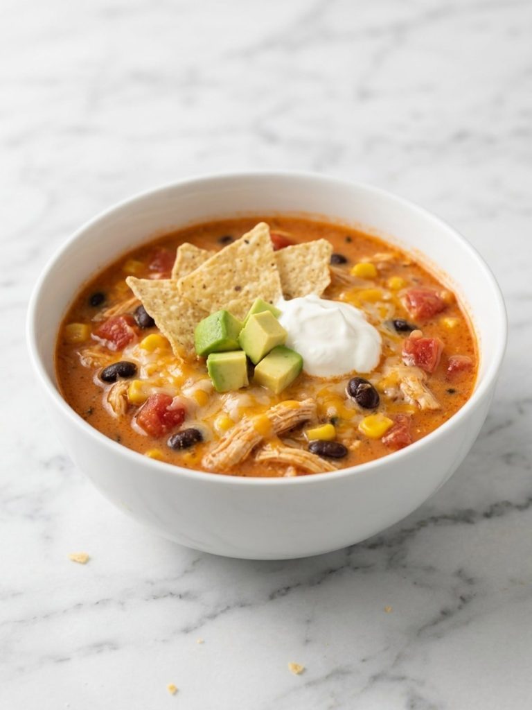 A bowl of chicken enchilada soup topped with tortilla chips, avocado and sour cream
