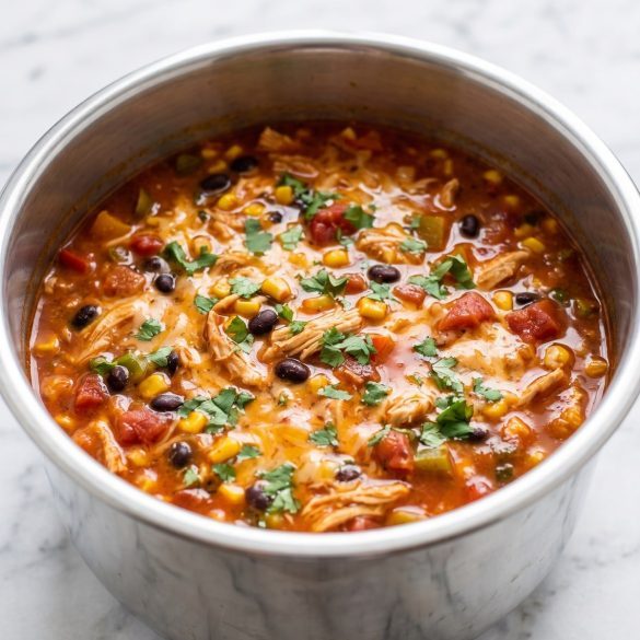 A pot of chicken enchilada soup with shredded chicken, black beans, corn and melted cheese